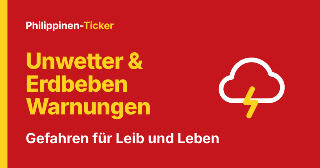 Philippinen-Ticker, Rubrik Unwetter & Erdbeben – Warnungen. Gefahren für Leib und Leben. Gewitterwolke mit Blitz auf rotem Grund.